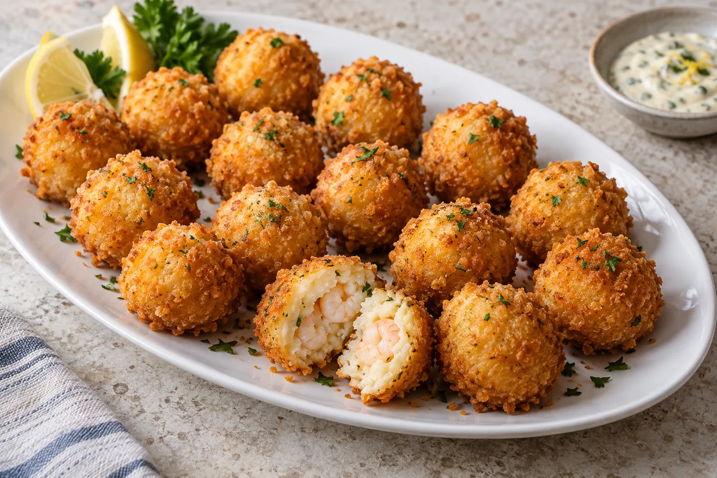 Imagen digital ilustrativa: Bolitas doradas de gambas de Genshin Impact. No documenta una prueba de cocina.