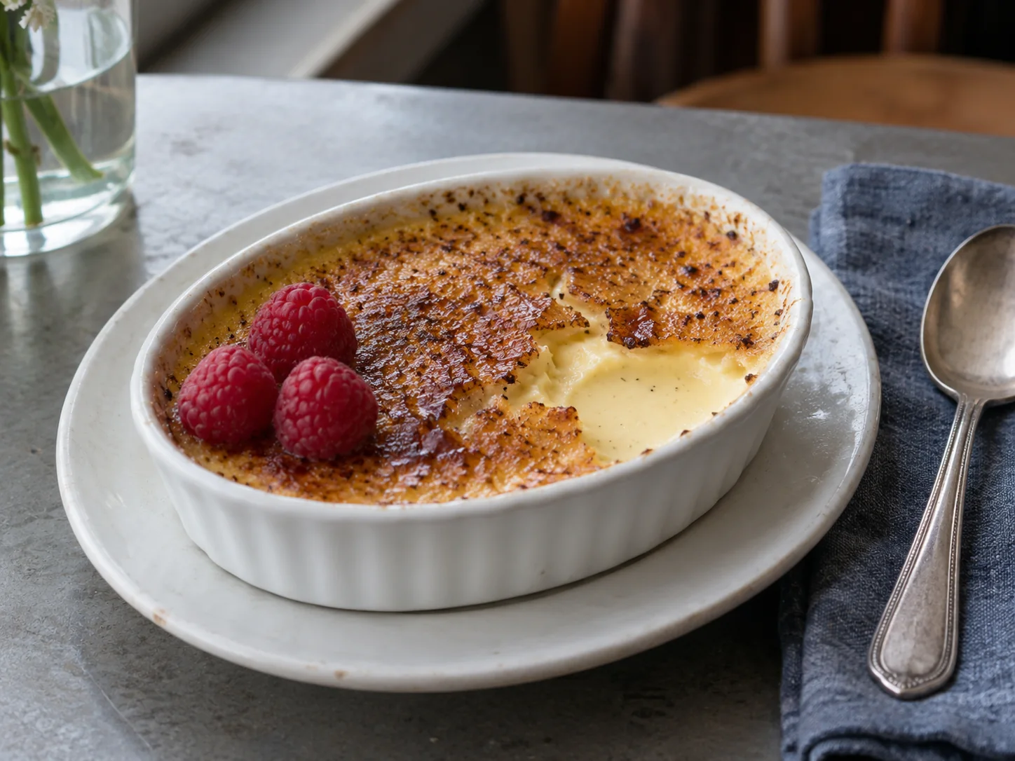 Imagen digital ilustrativa: Crème brûlée de vainilla con costra caramelizada y frambuesas.