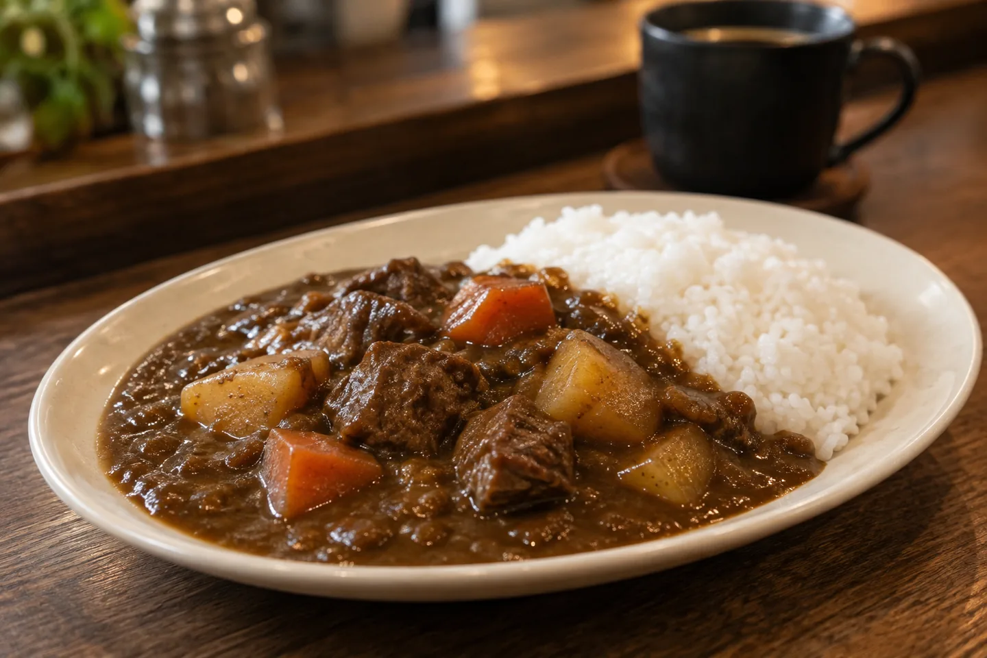 Imagen digital ilustrativa: Curry oscuro con café inspirado en el Café Leblanc. No documenta una prueba de cocina.
