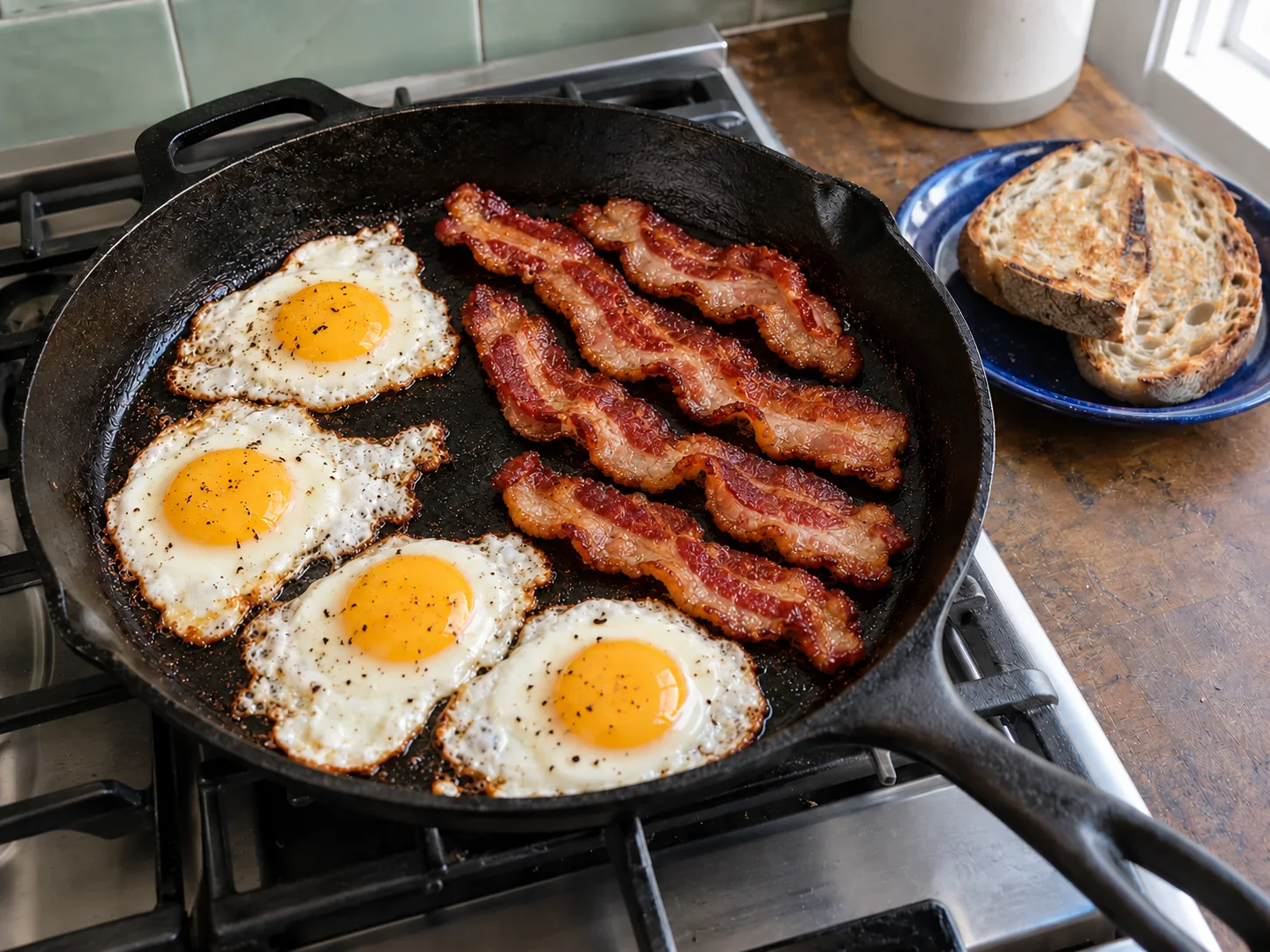 Imagen digital ilustrativa: Cuatro huevos fritos y beicon dorado en sartén oscura, con pan tostado.
