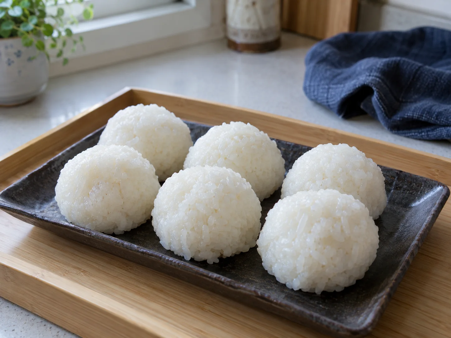 Imagen digital ilustrativa: Seis bolas redondas de arroz blanco, sin alga ni relleno.
