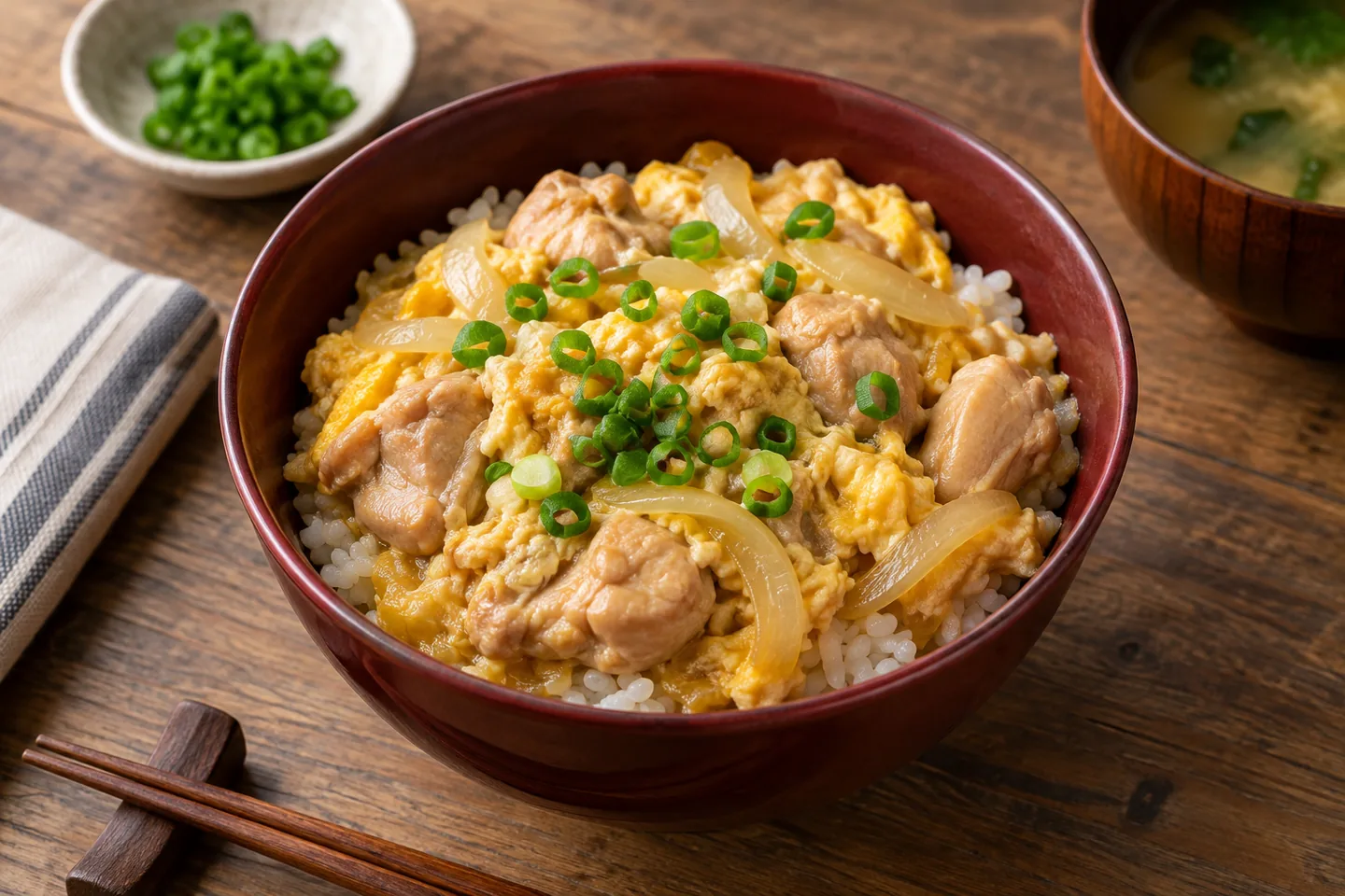 Imagen digital ilustrativa: Oyakodon: arroz con pollo y huevo al estilo Ignis. No documenta una prueba de cocina.