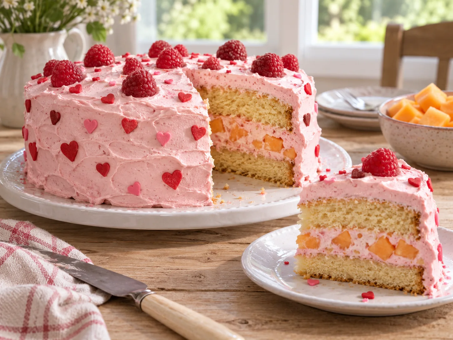 Imagen digital ilustrativa de un pastel con crema rosa y corazones de azúcar, con una porción que muestra el relleno de melón.