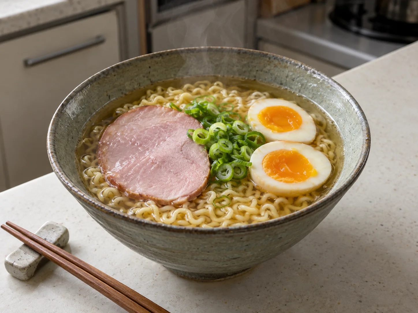 Imagen digital ilustrativa de un cuenco de ramen con jamón cocido, dos mitades de huevo y cebolleta.