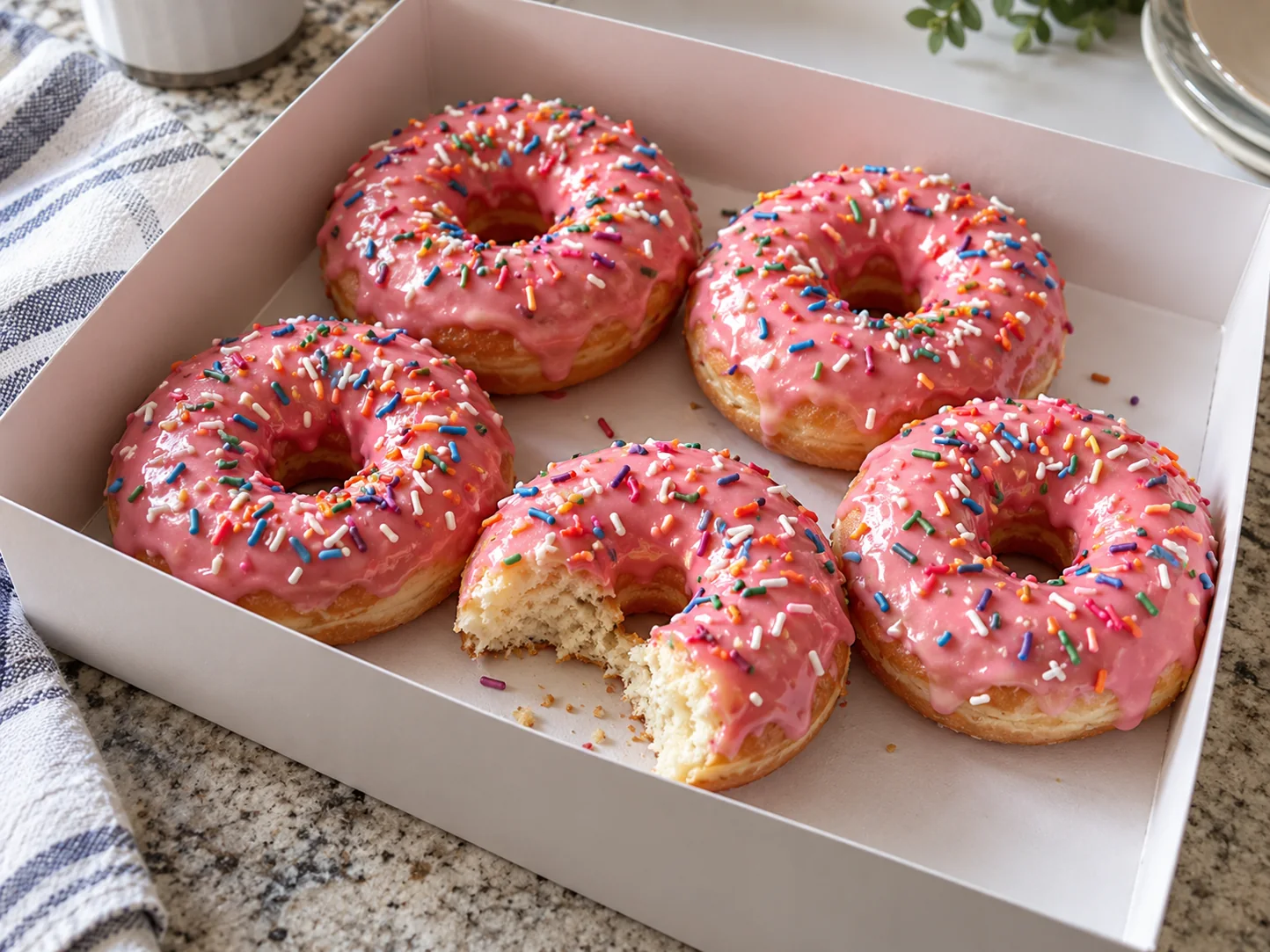 Imagen digital ilustrativa de rosquillas con glaseado rosa y fideos de colores en una caja de cartón.