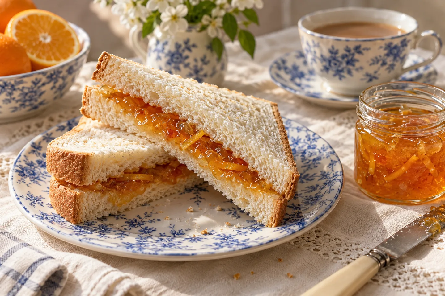 Imagen digital ilustrativa: Sándwich de mermelada de naranja de Paddington. No documenta una prueba de cocina.