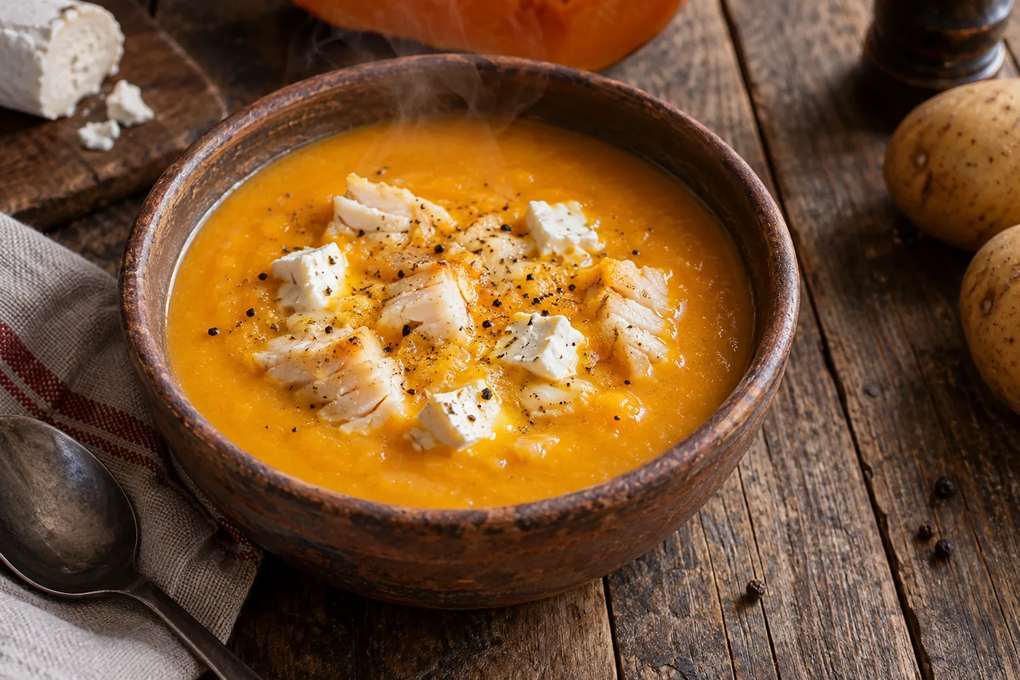 Imagen digital ilustrativa: Sopa de calabaza, queso de cabra y pescado de Yeto. No documenta una prueba de cocina.