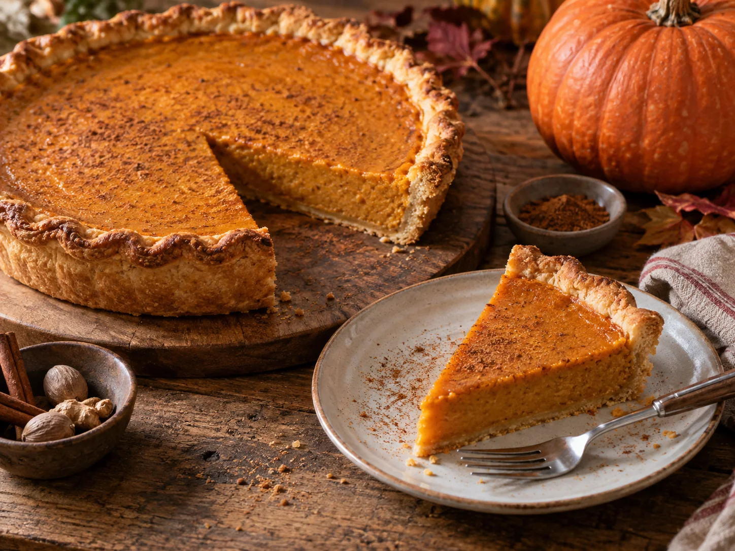 Imagen digital ilustrativa de una tarta de calabaza con una porción cortada sobre una mesa de madera.